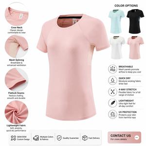 Camiseta Deportiva de Manga Corta para Mujer, Cuello Redondo, Color Sólido, Transpirable, Corte Regular, para Todas las Temporadas - Product Image 3