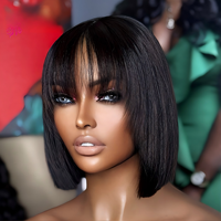 Perruque Bob Luxueuse à Franges Droites Épaisses, en Cheveux Humains Naturels, Soyeux et Doux, avec Dentelle Frontale, Densité Complète, Tendance et Réaliste
