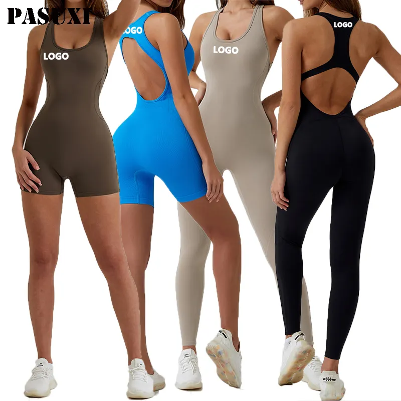 PASUXI Fitness Yoga Sets Women Jumpsuit Sleeveless Tracksuit Black Sports Shorts Backless Cross Bodysuit Sportswear Gym Clothing