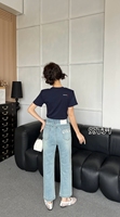Jean cigarette taille haute bleu clair pour femme grande taille, boutonné, en tissu élastique délavé, inaltérable, avec poche brodée, toutes saisons