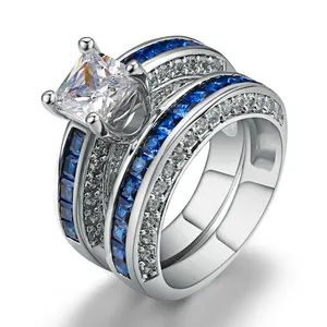 Wholesale Unique Design Two in One Blue Zircon Stackable Engagement Ring Set for Women R693