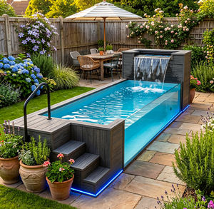 Piscine hors sol en résine de fibre de verre moderne en bois WPC de 5 pieds de profondeur avec cascade - Product Image 1