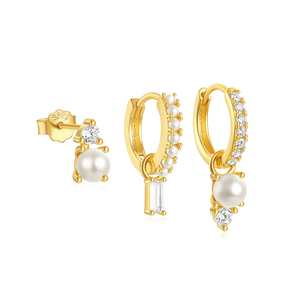 Juego de 3 Piezas de Aretes CANNER de Plata Esterlina 925 con Perlas Geométricas, Circonitas y Aros Huggies - Product Image 1
