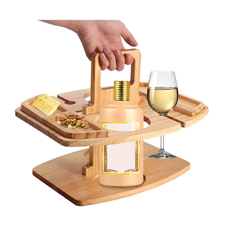 Bambou Pliant Verre Vin Et Champagne Titulaire Mini Snack Fromage Plateau En Bois Portable Mini Pique-Nique Tables Pour Camping Plage Parc