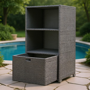 ชั้นวางผ้าขนหนูหวาย 2 ชั้น พร้อมตะกร้าเก็บของอเนกประสงค์สำหรับกลางแจ้ง สปา แบบตั้งพื้น สีเทา - Product Image 2