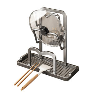 Support de couvercles de casseroles en métal gris, rangement de comptoir en forme de L, porte-cuillères égouttoir, organisateur de cuisine multifonctionnel - Product Image 5