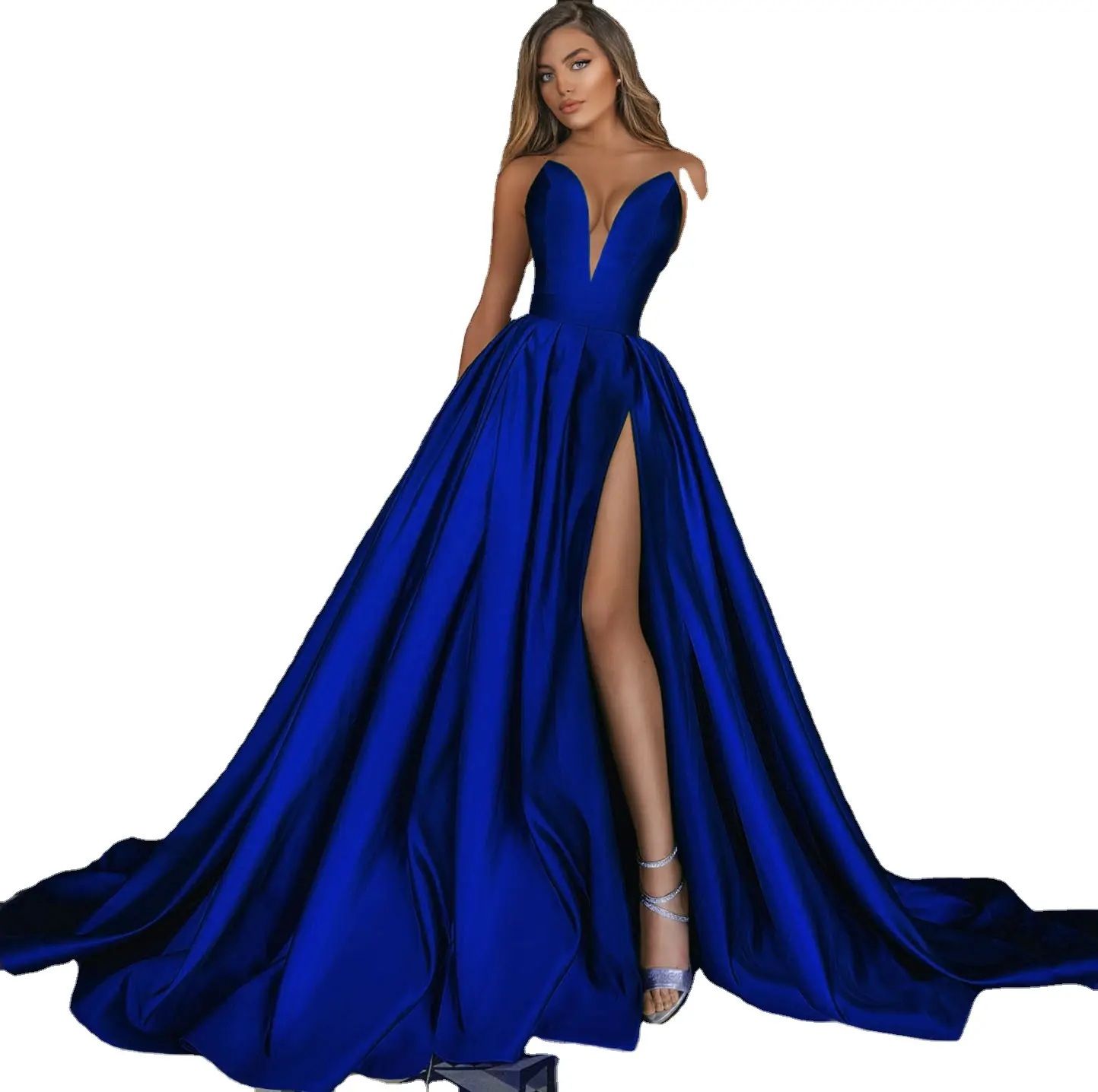 ZC00519 Backless Solid Color Sleeve Maxi Dress Women wedding dress bridal gown With Slit Sexy Elegant Woman Evening Dresses