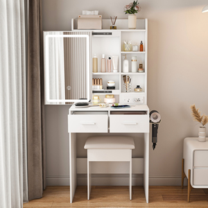 <strong>Small</strong> <strong>Makeup</strong> Vanity <strong>Desk</strong> Mirror Adjustable LED Lights Built-in Power Outlet Hidden Storage Padded Stool Shelf Space-Saving - Product Image 2
