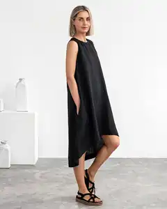 Manufacturer Summer 100% Linen Simple Black Maxi Dress Asymmetrical Loose Fit Women Lady Elegant Casual Dresses With Pockets