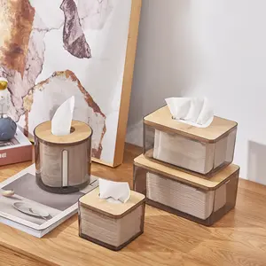 Dispenser per scatola di fazzoletti in foglio acrilico trasparente rettangolare da appoggio per bagno con coperchio in bambù