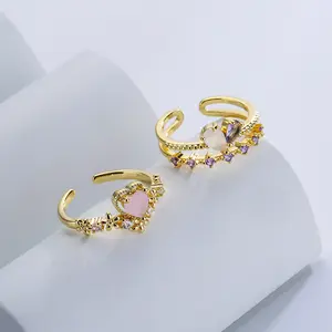 New Arrivals Sweet Open Adjustable Copper Plated 18K Gold Micro Pink Zircon Geometric Heart Ring For Women Jewelry