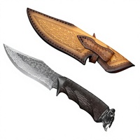 Couteau de chasse artisanal en acier Damas à pointe tombante, manche en bois, étui en cuir, multifonctionnel pour le camping en plein air, DIY, OEM