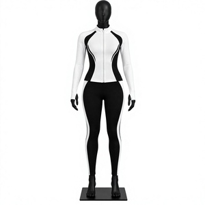 Conjunto Deportivo Unisex de Dos Piezas, Chaqueta Blanca con Cierre, Leggings Negros de Cintura Alta, Tela Satinada, Secado Rápido, Transpirable, con Ribete en Contraste - Product Image 1