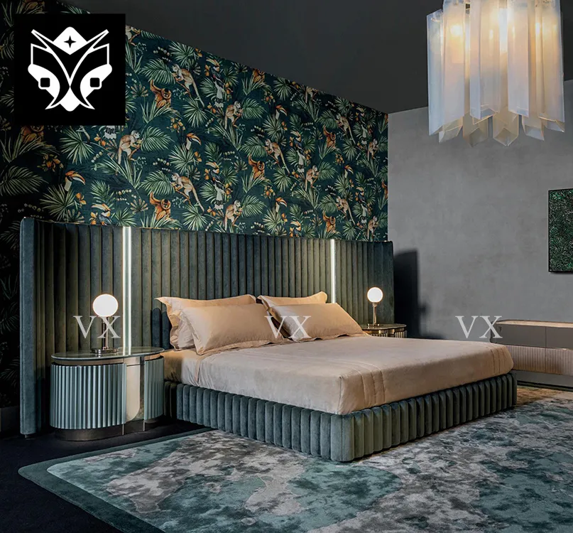 Son tasarım yatak odası mobilyacılar Villa karyola iskeleti yüksek kalite çift yatak lüks nubuk deri king-size yatak