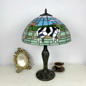 Longhuijing 16Inch Tiffany Handcrafted Art Stained Glass Dome <b>Lamp</b> with AC E26 Rustic Resin <b>Base</b> and Cow Themed Colored Glass - Product Image 6