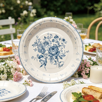 Assiettes en papier jetables bleues à motif floral, usage unique, motif floral vintage, résistantes, 9 pouces, pour la décoration de fêtes et d'événements
