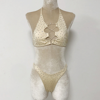 Vente en gros de deux pièces de diamants personnalisés en nylon haut à fleurs exotiques pour femme string sexy vêtements de danse de scène tenues de strip-teaseuse