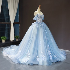 Blue Off-Shoulder Ball Gown Wedding Dress With Floral Embroidery Princess Silhouette Sweetheart Neckline Long Train - Product Image 3