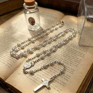 Mini collier chapelet de perles en bouteille de verre, fausses perles blanches, pour cérémonie religieuse, unisexe, style artistique rétro - Product Image 4