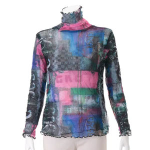 Chemise en mousseline de soie ample à manches longues, chemise à revers réversible à imprimé en ligne, chemise brodée - Product Image 2