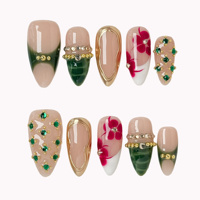 Ongles à presser verts foncés, peints à la main à la française, motif fleur rouge, forme amande, strass verts, perles dorées, bordure métallique, personnalisables CE
