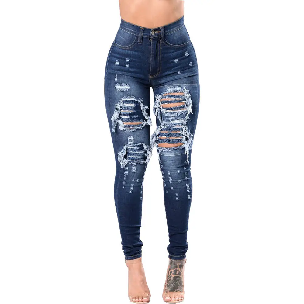 Pantalones vaqueros de cintura alta para mujer, pantalones vaqueros ajustados rasgados lavados, Pantalones vaqueros de moda hip hop de gran tamaño, pantalones elásticos para mujer