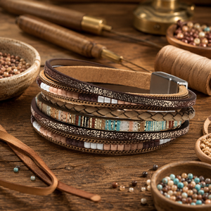 <span class=keywords><strong>Pulsera</strong></span> de Cuero para <span class=keywords><strong>Mujer</strong></span>, Multicolor, en Capas, con Cierre a Presión, Estilo Boho Occidental, Apilable, Fácil de Usar Diariamente - Product Image 5