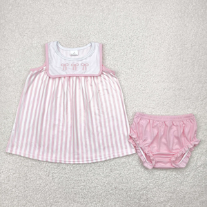 Conjunto de Dos Piezas para Bebés Niñas, Estampado Casual con Lazos Coquetos, Rayas Rosas, Sin Mangas, Spandex/Poliéster Ecológico - Product Image 1