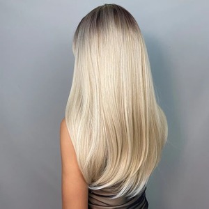 Perruques synthétiques longues et droites Ombré Brun Blond avec frange, perruque de cosplay pour femmes, cheveux naturels résistants à la chaleur - Product Image 1