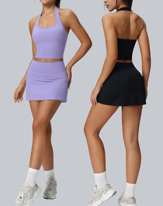 环保女式 <span class=keywords><strong>2</strong></span> 件套运动文胸迷你裙套装健身背心裙内置短裤口袋吸湿排汗网球服 - Product Image 2
