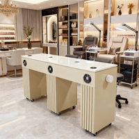 Meubles de salon de manucure modernes et luxueux, table de manucure double professionnelle en MDF avec plateau en marbre, chaise et ventilateur extracteur