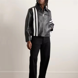 Veste à fermeture éclair coupe ajustée tendance à la mode de haute qualité Veste en cuir pleine fleur noire ivoire rayée attrayante pour hommes - Product Image 4