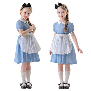 Robe de princesse Alice, costume de demoiselle d'honneur en vichy bleu pour filles de 8 à 13 ans, tenue de cosplay de scène avec tablier et bandeau - Product Image 1