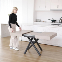 Table basse relevable multifonctionnelle rectangulaire en bois et acier au design moderne et élégant, convertible