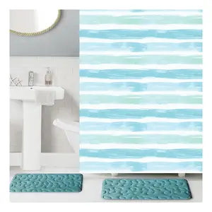 CF BCP696 экологически чистые синие полоски с узором 100% полиэфирные занавески для душа водонепроницаемые и противоплесневые занавески для ванной комнаты