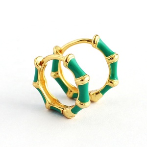 Orecchini a Cerchio Ouj Antichi Placcati Oro 18k a Forma di Bambù Stile Vintage Occidentale con Smalto Placcato Argento Sterling 925 - Product Image 1
