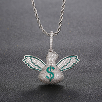 Pendentif en cuivre plaqué or 18 carats avec zircon Money Bag Wing Design Christian Hip-hop Style