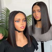 Perruques Courtes 4x4 Bob en Cheveux Humains Vierges Brésiliens Lisses Naturels, Couleur Naturelle, avec Fermeture en Dentelle Transparente pour Femmes