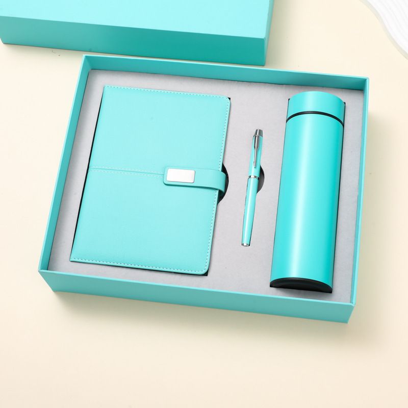 สมุดโน้ตสีฟ้า PU + แก้วเก็บอุณหภูมิ 500 มล. + ปากกา