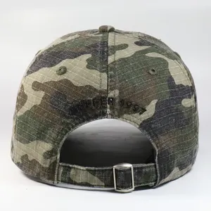 Custom Zonder Logo 6 Panel Unconstructed Gewassen Vintage Verontruste Camo Vader Hoed Baseball Cap