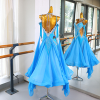 Robe de Danse de Salon Professionnelle pour Femme, Modèle Adulte, Bleue, pour Compétition, avec Manches Transparentes et Jupe Drapée, pour Valse, Tango, Foxtrot et Danse Latine