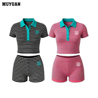 Ensemble deux pièces pour femme : Polo rayé et short d'été, respirant, décontracté, en coton et élasthanne, avec logo, couleurs contrastées