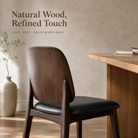 Chaise de salle à manger minimaliste moderne avec dossier en bois, assise en vinyle rembourrée, structure en bois de hêtre pour la maison, le café, l'hôtel