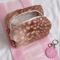Pochette cosmétique en fausse fourrure tachetée motif fauve, avec nœud en dentelle blanche et breloque cœur, pochette de maquillage en peluche douce, sac de rangement de voyage mignon