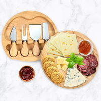 Planche à découper ronde multifonction de luxe avec tiroirs, en bois d'hévéa, et ensemble de couteaux à charcuterie