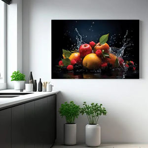 دفقة فواكه متعددة فوق الماء تأثير زجاج أكريليك ملهمة مطبخ المنزل جدار الفن قماش كبير جاهز للتعليق - Product Image 1