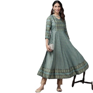 Haute qualité vert 100% coton Anarkali Kurta 2 pièces ensemble long imprimé fleuri décontracté écologique respirant séchage rapide - Product Image 1