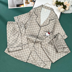 2025 Mùa Hè Ngắn Tay Áo Băng Lụa Đồ Ngủ Cho Phụ Nữ <span class=keywords><strong>Hello</strong></span> <span class=keywords><strong>Kitty</strong></span> Dễ Thương Sinh Viên Ba-Mảnh Phong Cách Homewear Bộ - Product Image 6