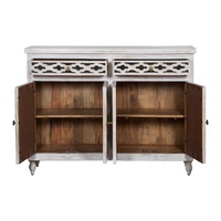 Buffet en bois sculpté à la main avec 4 portes et étagères de rangement |   Buffet vintage blanc vieilli |   Bois massif