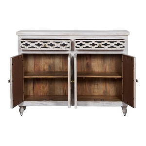 Aparador de Madera Tallado a Mano con 4 Puertas y Estantes de Almacenamiento |   Aparador Vintage Blanco con Acabado Desgastado |   Madera maciza - Product Image 5